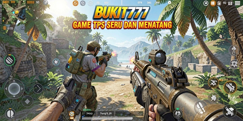 Screenshot aksi seru dalam BUKIT777 menampilkan gameplay TPS.