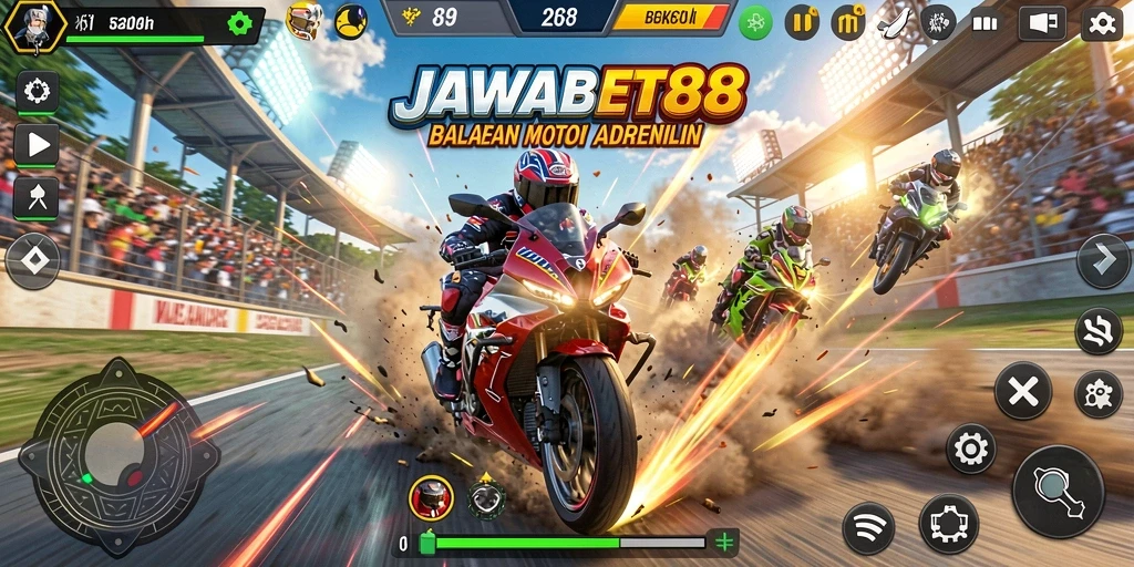 Tampilan gameplay menegangkan dari JAWABET88 dalam balapan motor.