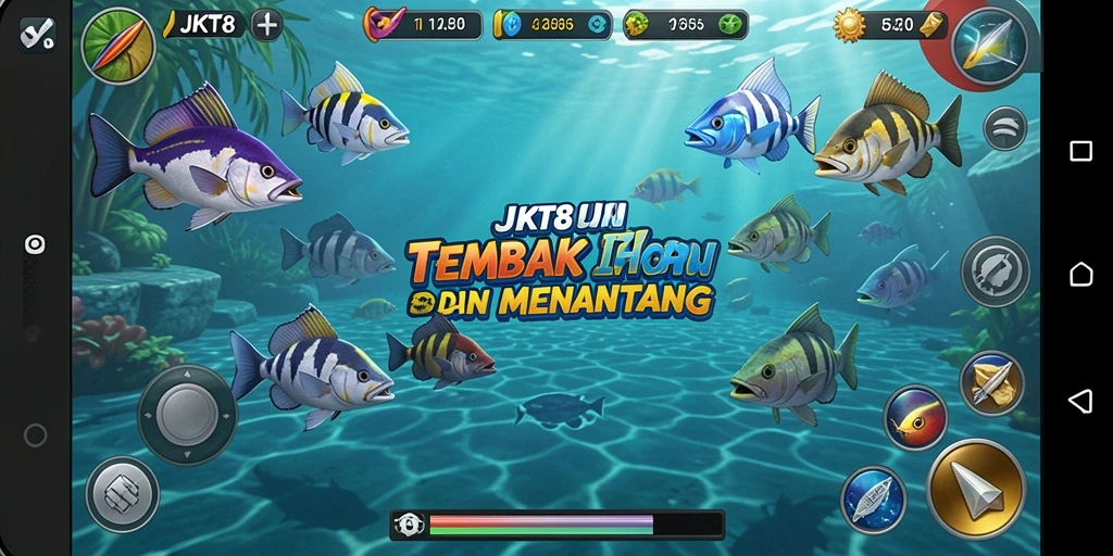 Screenshot JKT8 menampilkan gameplay seru saat menembak ikan.