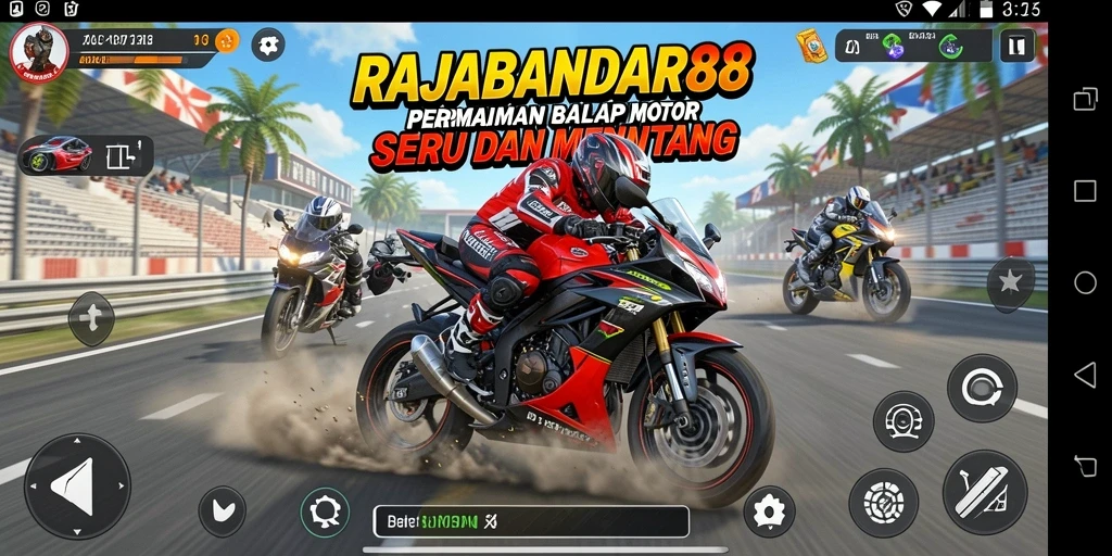 Tampilan gameplay seru dalam RAJABANDAR88 dengan balapan motor yang mendebarkan.